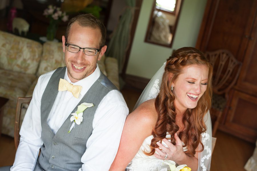 groom and bride laughing before the ceremony {heritage prairie farm wedding photography}