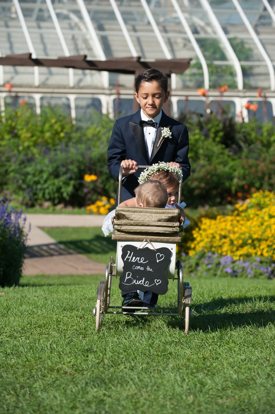 bird haven greenhouse ceremony | boy pushes the stroller {joliet wedding photographer}