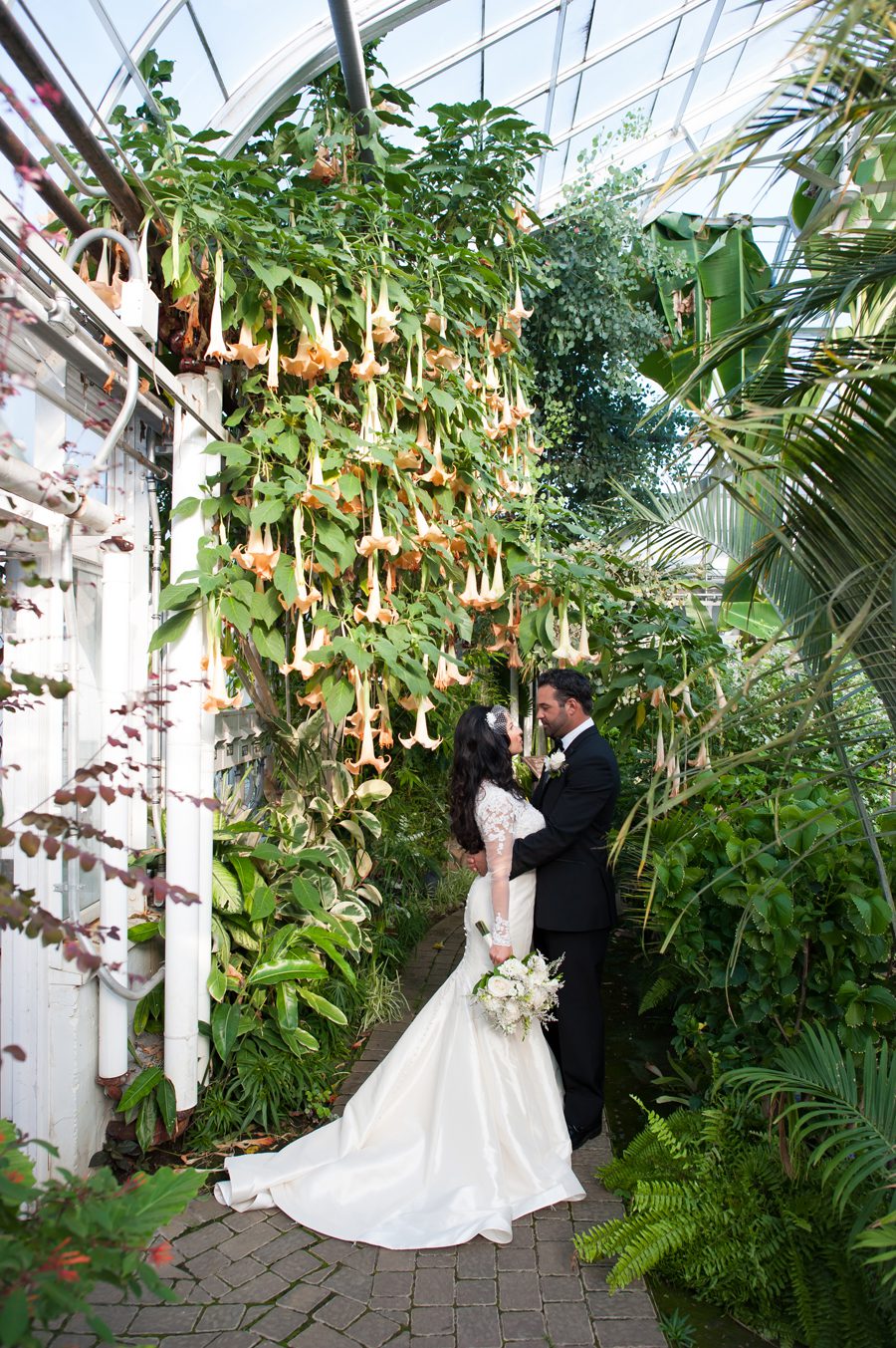 bride and groom in greenhouse {joliet wedding photographer}