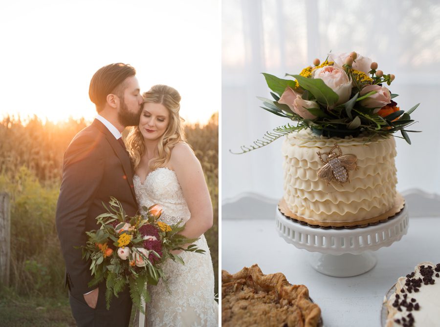 Heritage Prairie Farm wedding reception - cake, bride, and groom