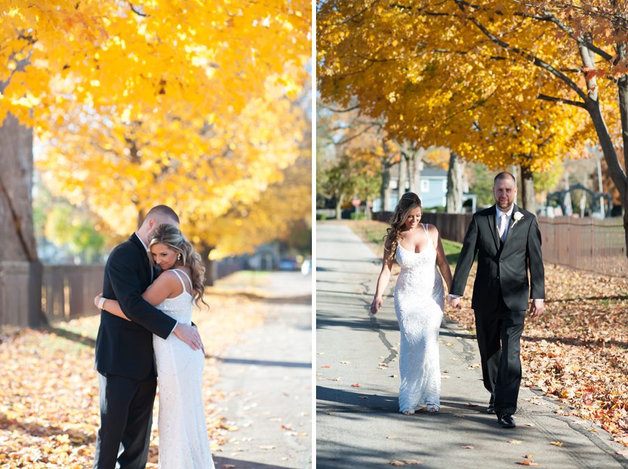 bride and groom in front of fall trees {blumen gardens wedding photographer}