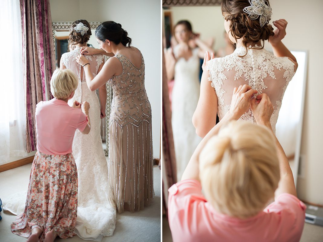 bride getting ready with her mother before ceremony